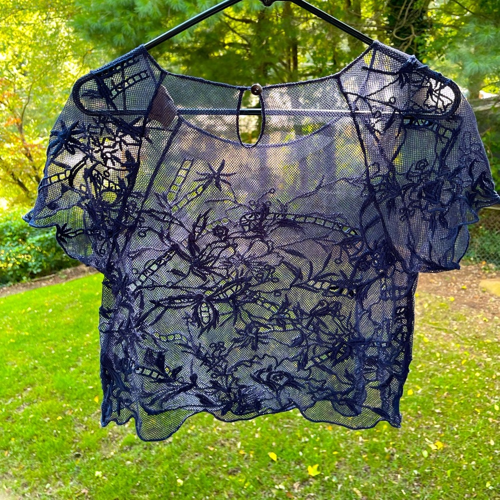 Anthropologie Vanessa Virginia Sheer crop top mesh cutout in Navy - Picture 2 of 4